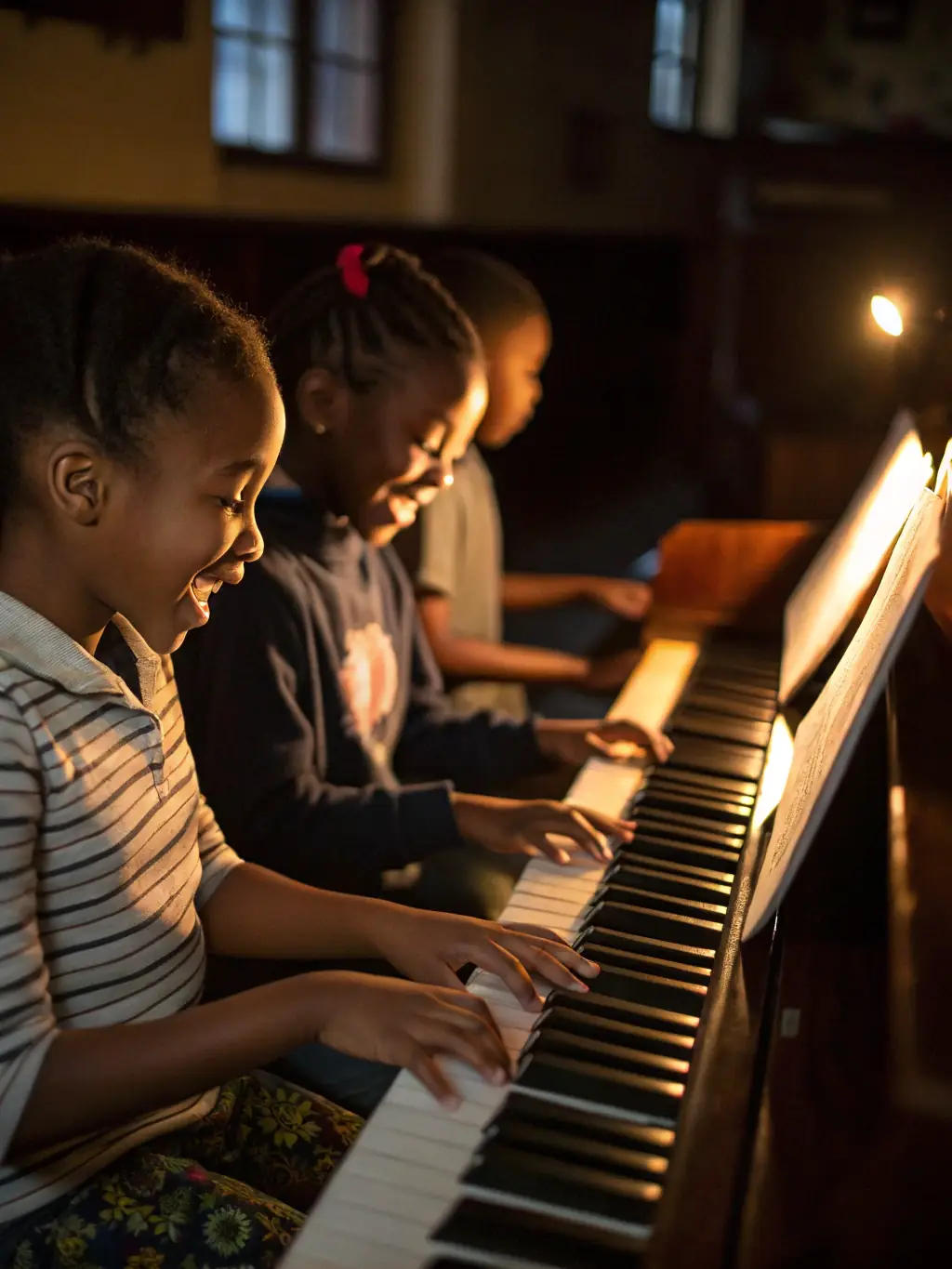 A photo of a keyboard class in session, with participants of all ages learning to play melodies and chords on electronic keyboards.