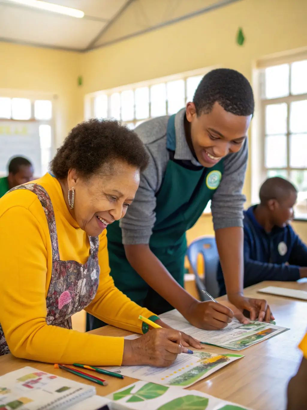 A photograph capturing a diverse group of community members actively participating in a workshop, with smiles and engaged expressions, set against the backdrop of a community center.