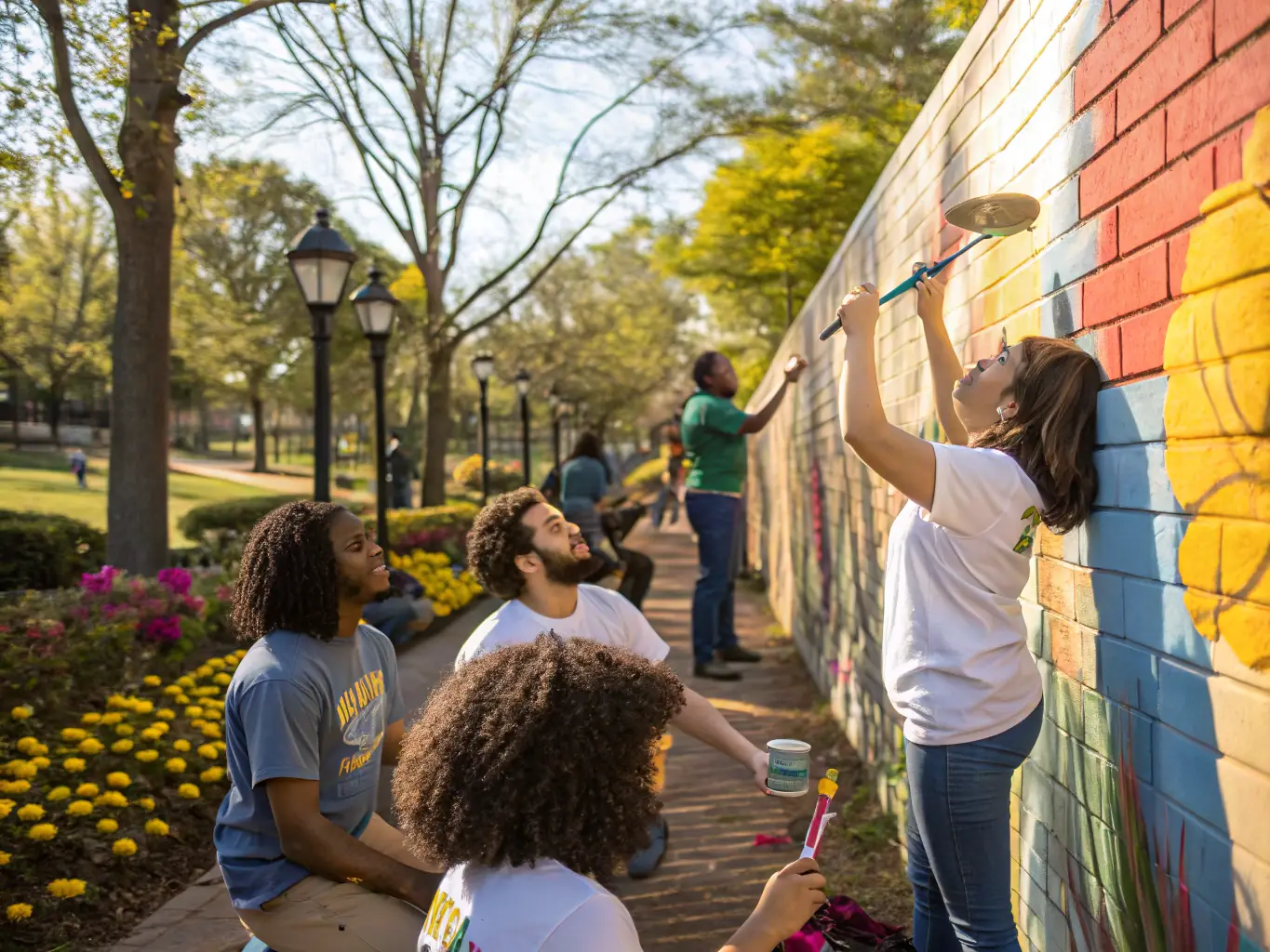 A group of diverse community members participating in a collaborative art project, showcasing creativity and teamwork.