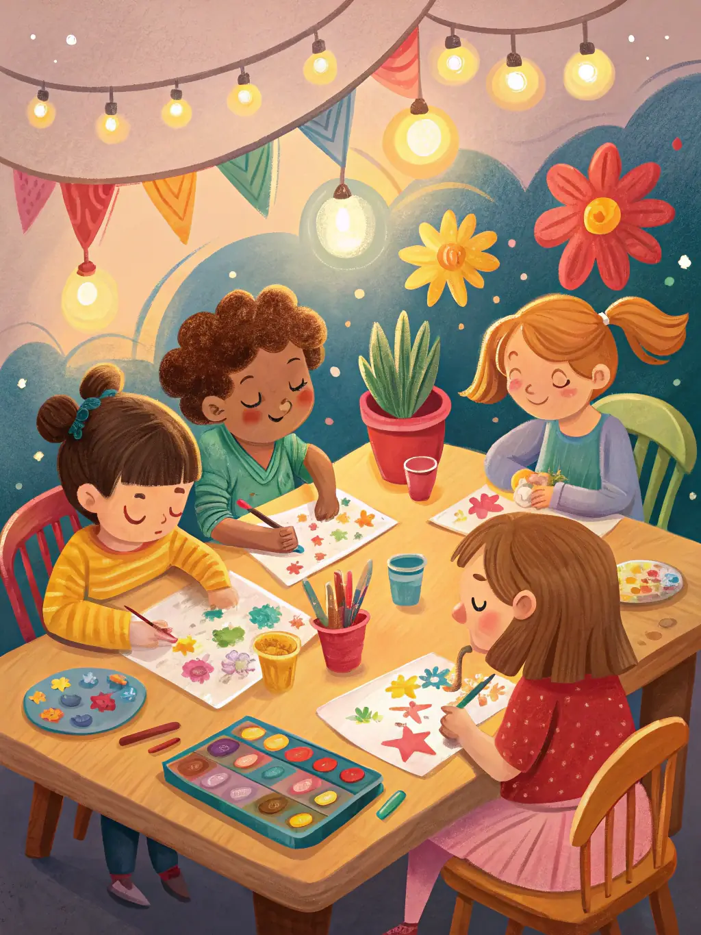 An image showcasing children and adults collaborating on an art project, symbolizing the organization's commitment to inclusive education and creative expression.