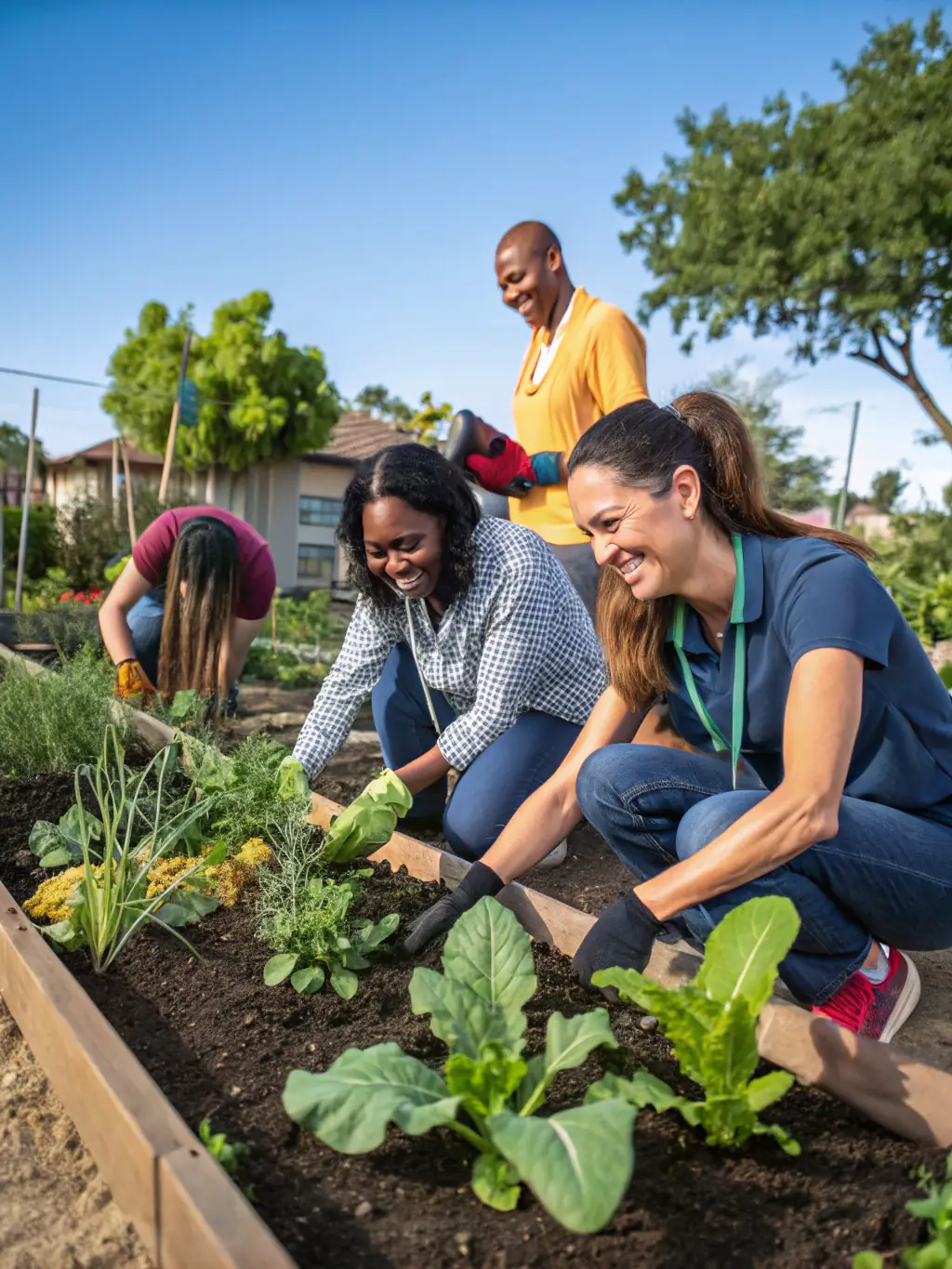 A captivating photo of volunteers working on a community garden project, demonstrating environmental stewardship and collaborative effort.