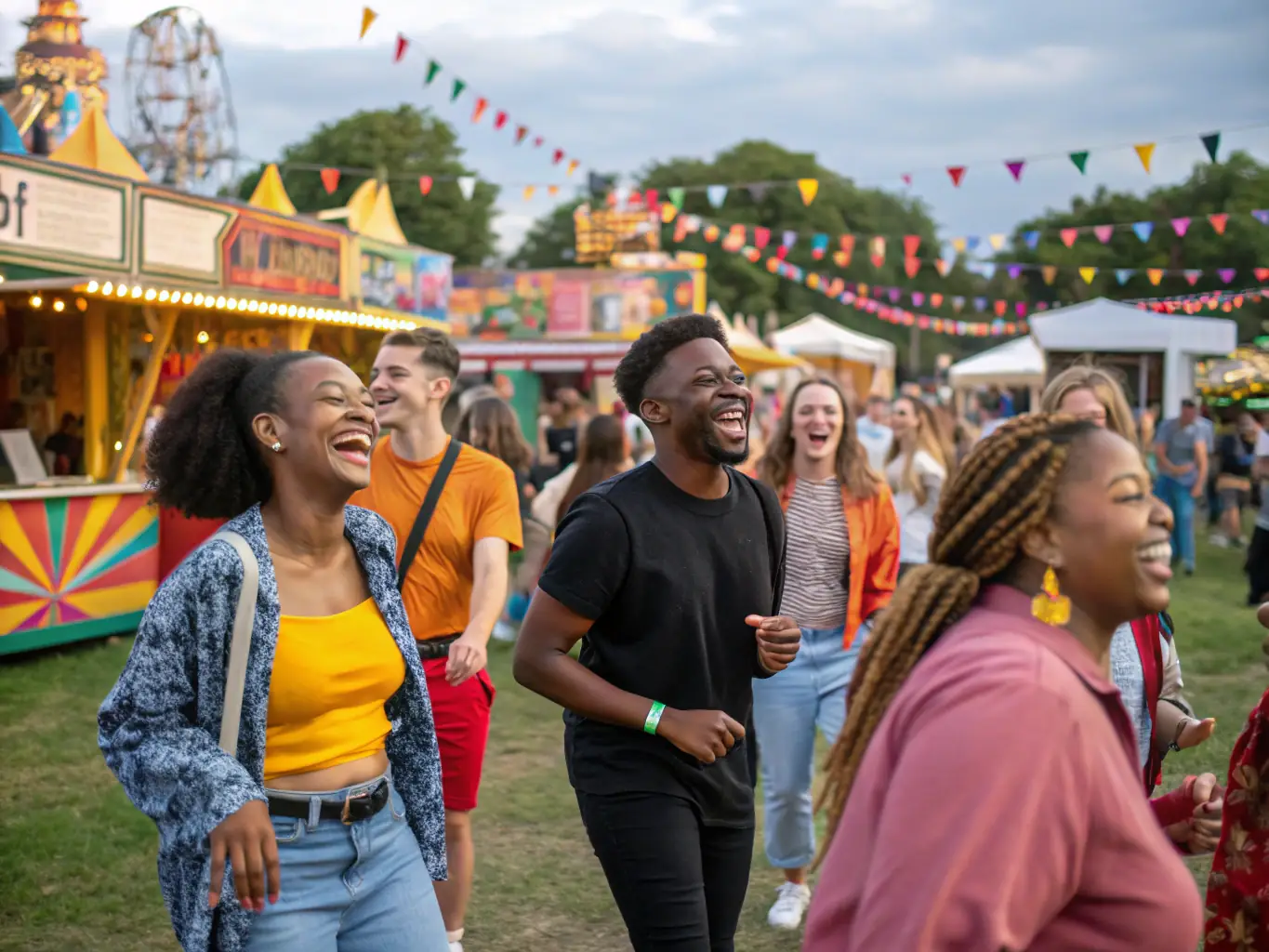 A group of people attending a cultural festival, enjoying music, dance, and traditional food.