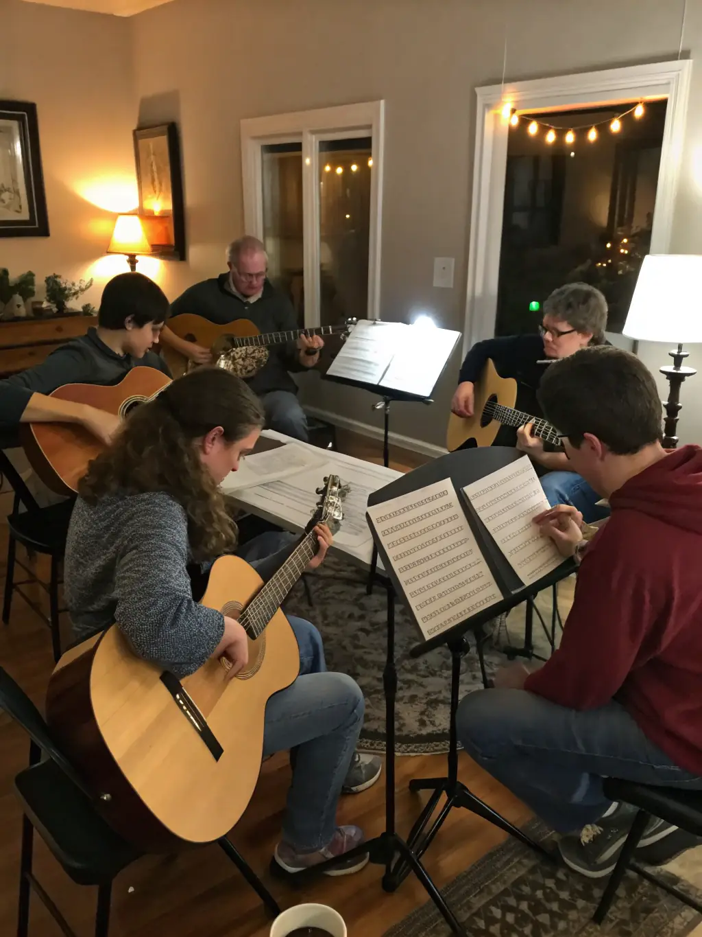 A vibrant image showcasing a group of children participating in a music workshop, learning to play guitars under the guidance of an instructor, set in a community center.