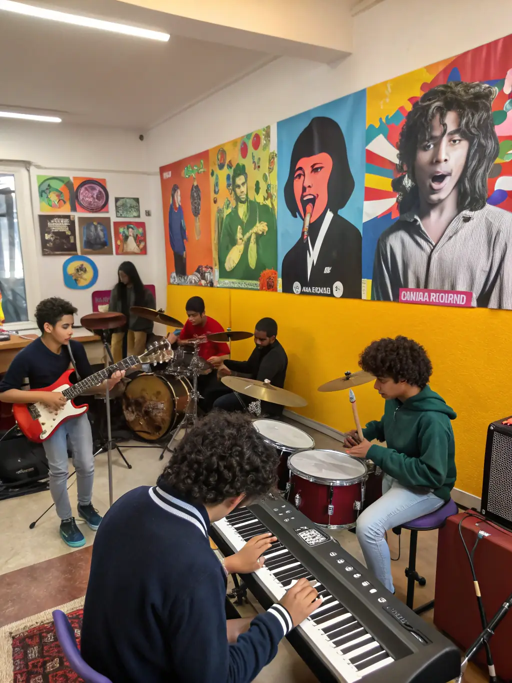 A photograph capturing a mixed group of participants engaged in a collaborative music project, combining different instruments and vocal harmonies.