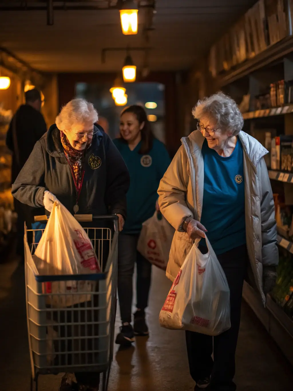 A heartwarming image of volunteers assisting elderly residents during a community outreach program organized by APAPP ASS ANIMATION PAYS PLINN, illustrating the organization's dedication to social inclusion and support for vulnerable populations.